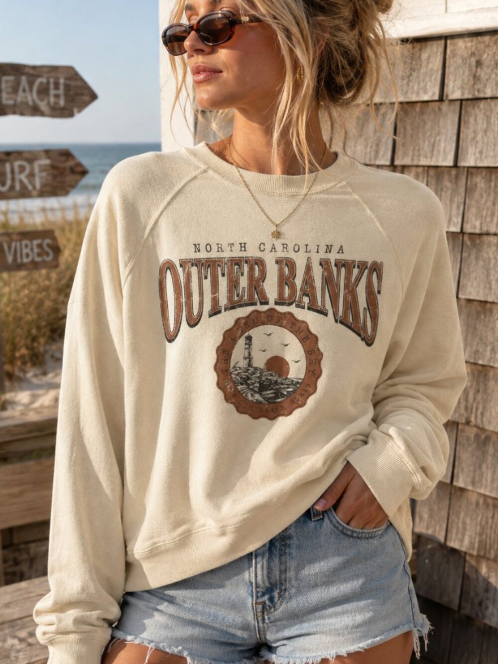 Originality Outer Banks North Carolina Cream Graphic Crewneck Sweatshirt Small